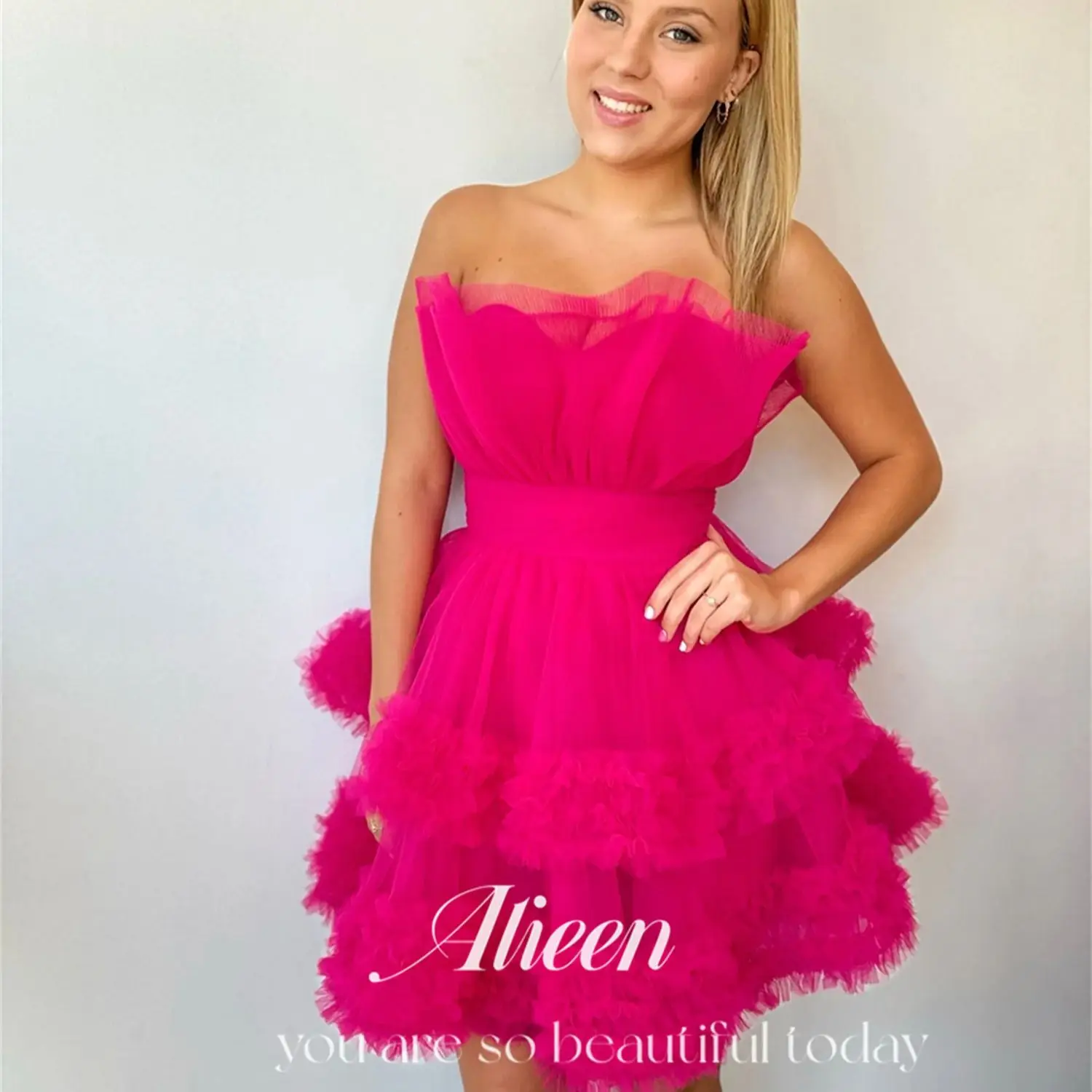 

Aileen Short Style Layered Cocktail Dress Strapless Rose Red Long Party Dresses for Special Occasions Evening Elegant Woman Gala