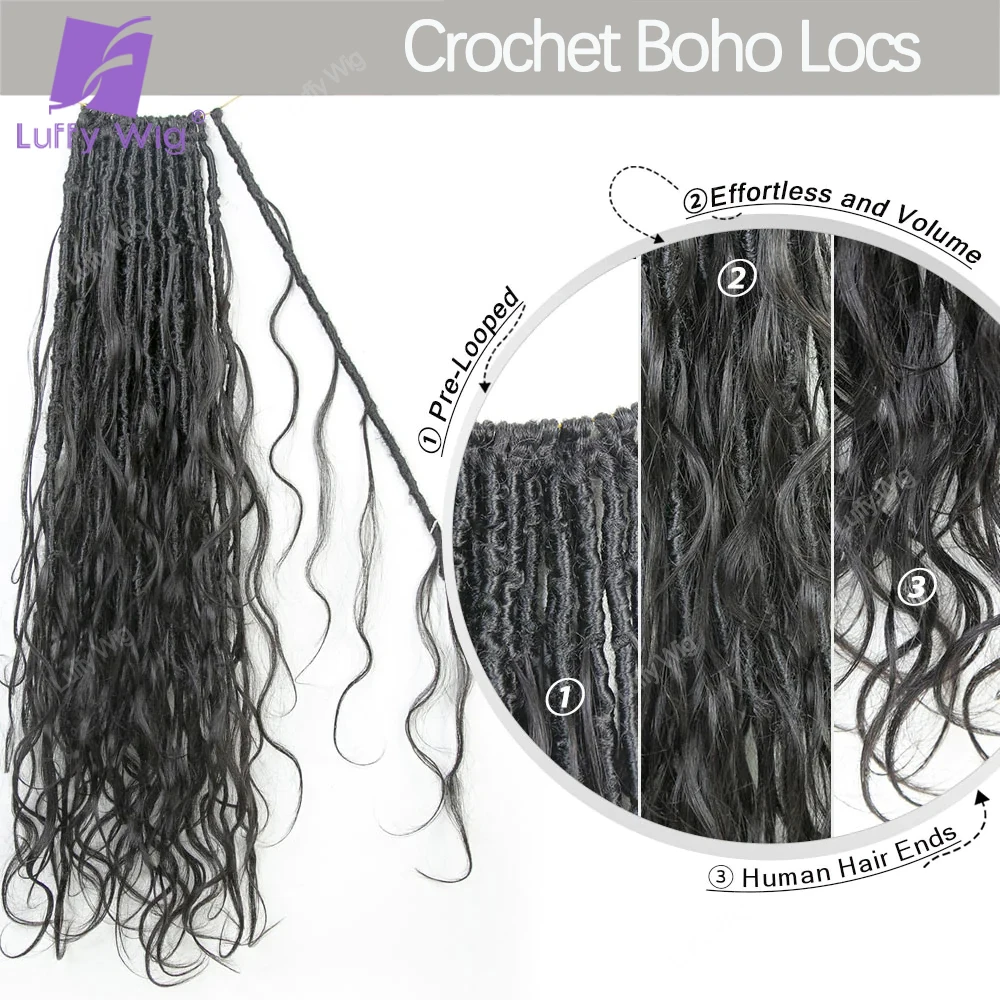 Crochet Goddess Boho Locs with Human Hair Curls Pre-looped Synthetic Braids Hair Extensions Braiding Hair For Black Women Luffy