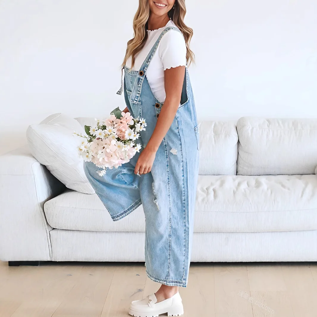 Women Hole Jeans Overalls Washed Denim Ankle Length Trousers One Piece Distressed Pockets Casual Ripped Jumpsuits Suspenders