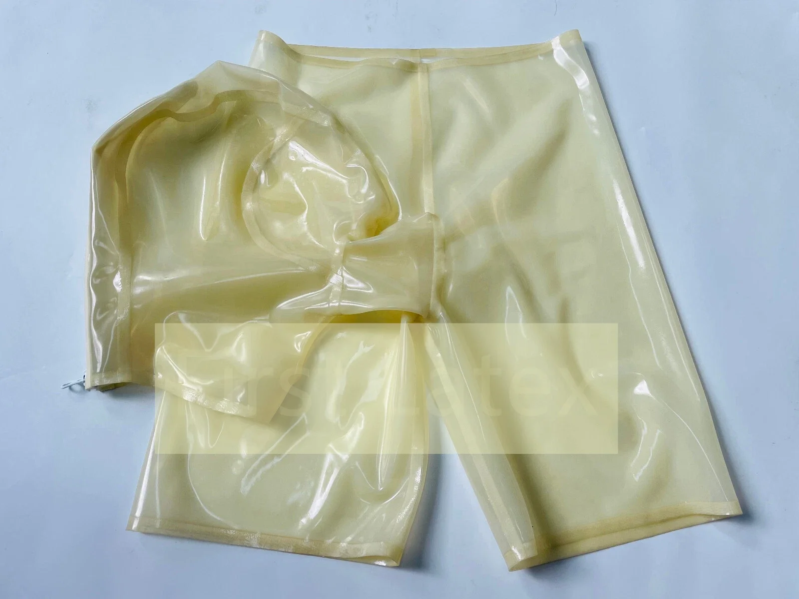 

Fancy Fetish Natural Transparent Latex Male Boxer with Unisex No Hole Hood Halloween Cosplay Party Costume