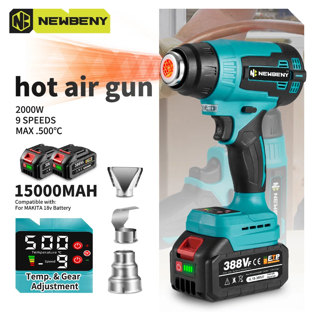 NEWBENY 500 ℃   Elektrische Heißluftpistole 2000 W Heißluftpistole Schnurlose Wiederaufladbare Industrie Hause Schweißen Werkzeuge Für Makita Batterie Pin