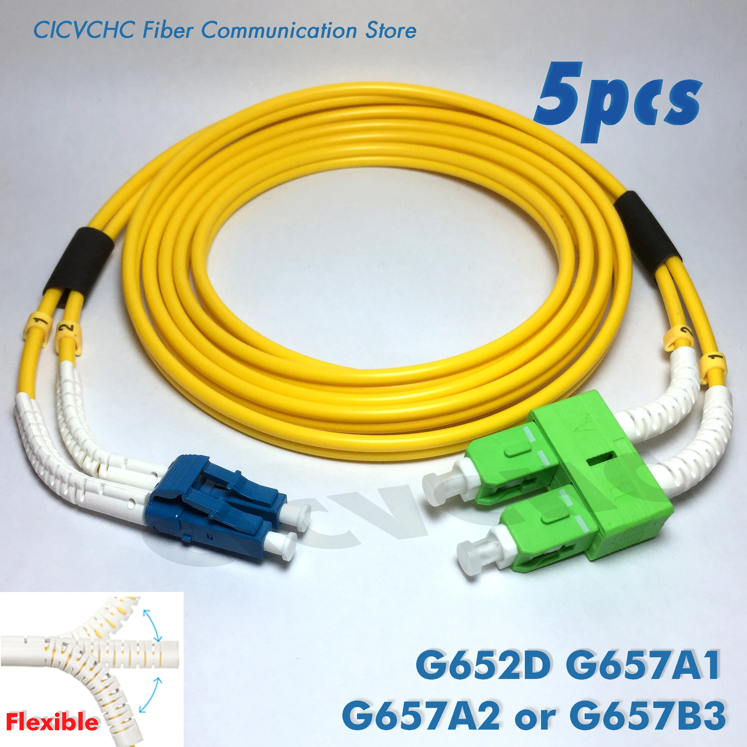 5pcs Duplex patchcords LC/UPC-SC/APC-with Flexible angle boot-SM 3.0mm Cable- 1m, 2m or 5m/ Optical fiber Jumper