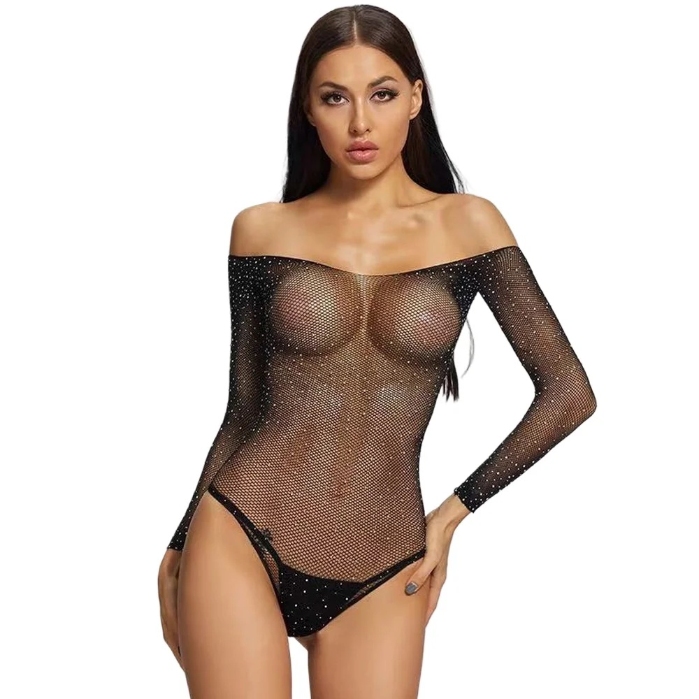 Women Off Shoulder Rhinestone Fishnet Bodysuit Long Sleeve Sheer Mesh See Through High Cut Tight Body Suit Erotic Lingerie