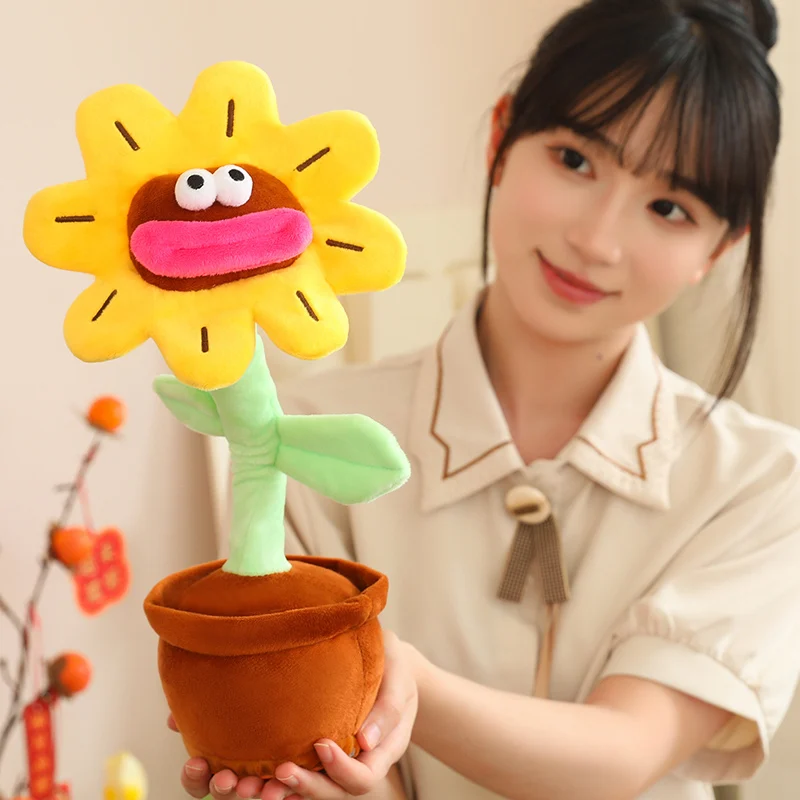 35CM Creative Electric Sunflower Plush Toys Cute Singing And Dancing Doll Funny Big Mouth Flower Potted Plant Toy Room Decor