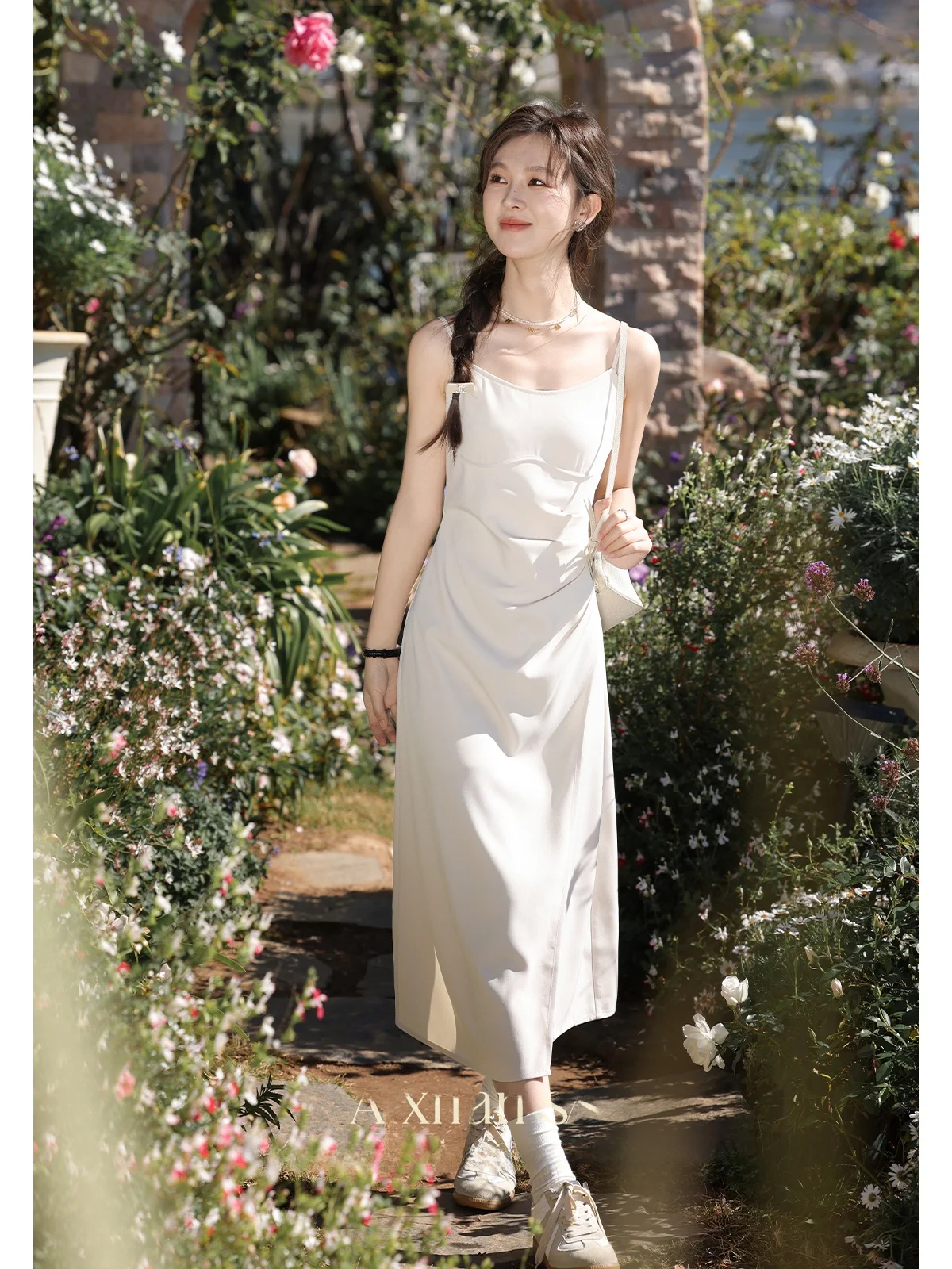 Spring New Arrival Women's Dr Long Strapl Gown Suit Set High Waist French Sle Pure Color Ciwalk A-Line Skirt