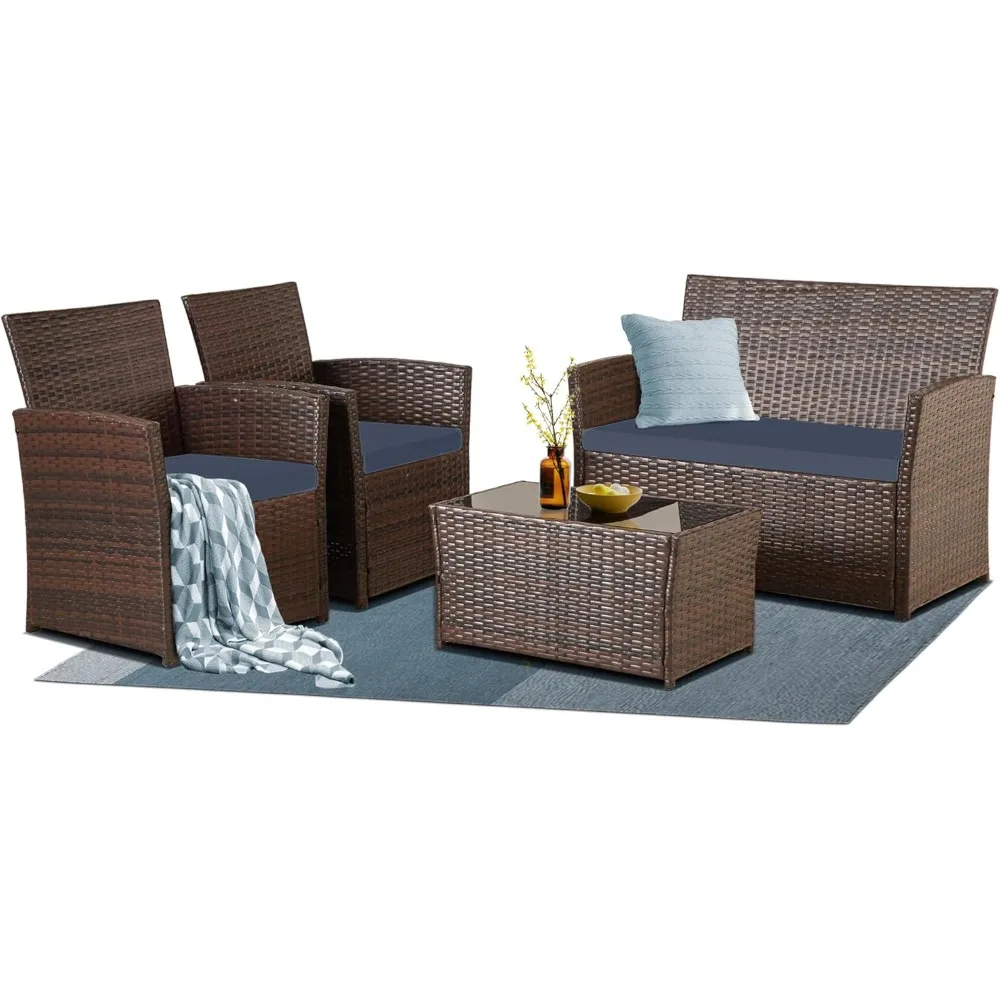 4 Piece Outdoor Furniture Set, Patio Wicker Sectional Sofa with Tempered Glass Coffee Table and Cushions, Rattan Conversation