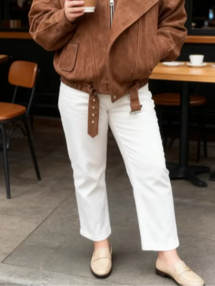 

Street Brown Suede Short Jacket Lady Vintage Lapel Zipper Casual Bomber Coat 2025 Autumn Winter Woman Outerwears New In Coats