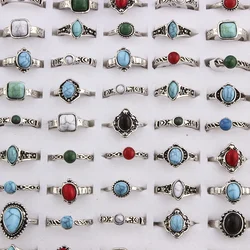 10 Pcs Mixed Random Women Boho Style Natural Green Red Stone Rings Tibetan Silver Tone Size 16 17 18 Finger Rings Jewelry Gifts