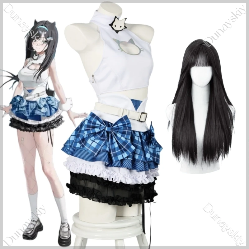 

Mint Blue Plaid Cat Ear Themed Idol Costume Stage 3.5 Anniversary Idol Cosplay Costume With Wig Accessory Game Goddsss Victories