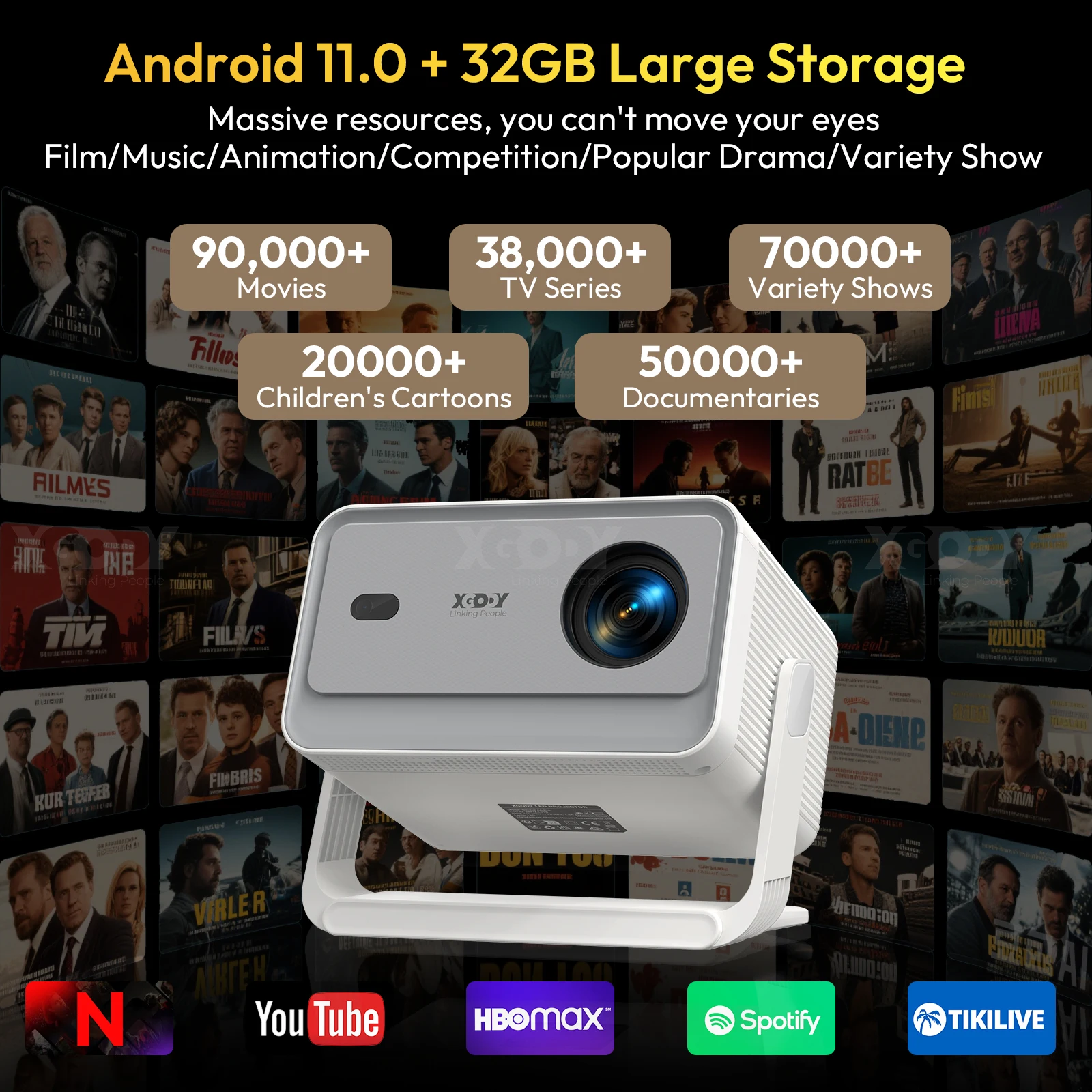 XGODY A6 PRO أصلي 1080P 650 ANSI 4K أندرويد 11 32 جيجابايت 135 °   Projekttor mit Auto Keystone Focus Wifi6 BT5.2 محمول خارجي
