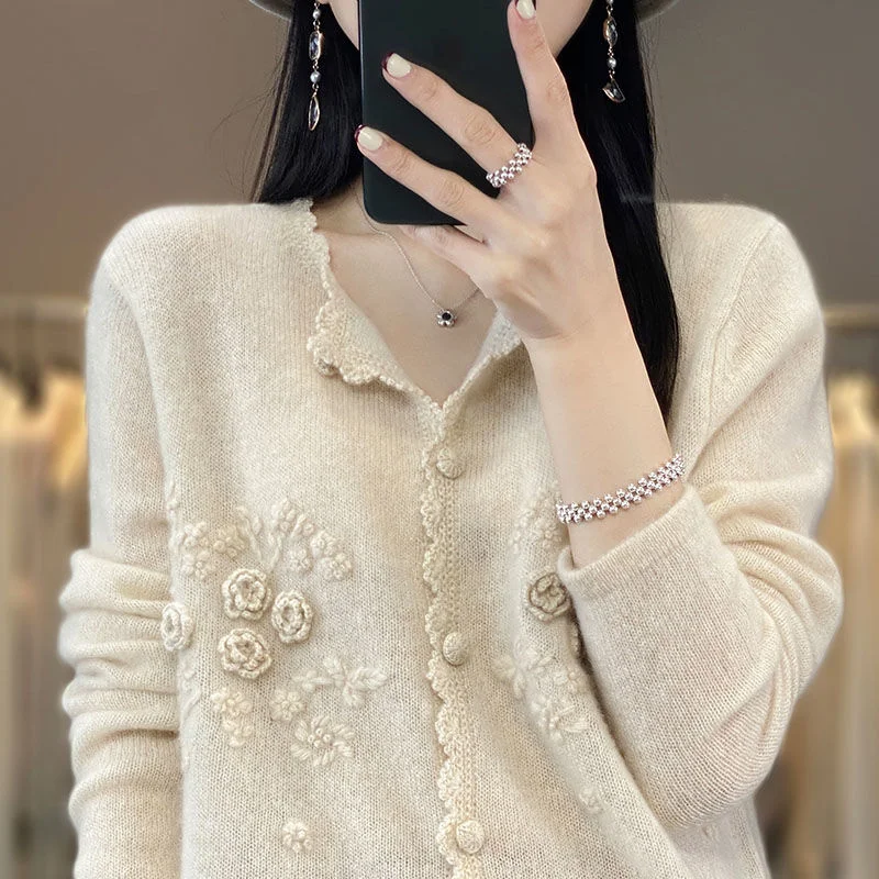 

Women's Round Neck Overlay Loose Knitted Cardigan 2023 Spring Autumn New Heavy Industry Handheld Rose Thin Sweater Coat Female
