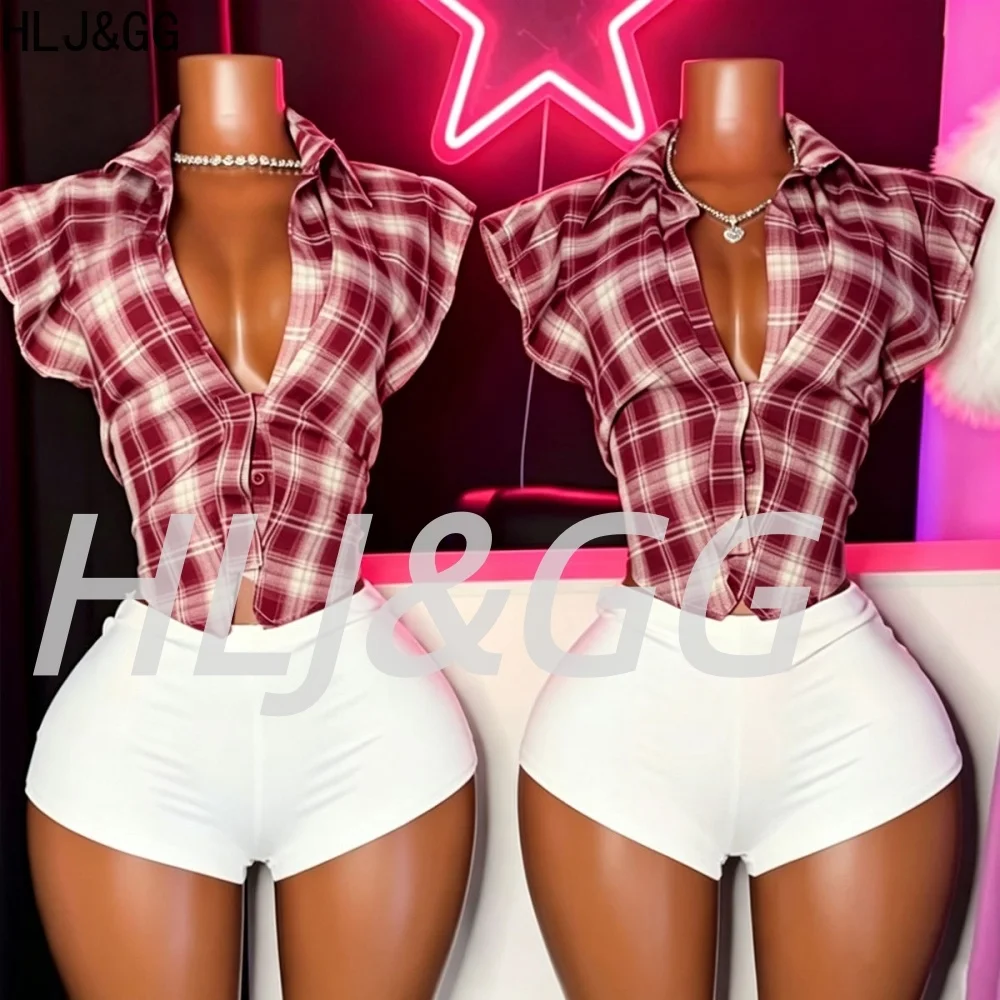 

HLJ&GG Trend Fashion Plaid Print Deep V Hollow Two Piece Sets Women Sleeveless Crop Top And Shorts Outfits Y2K 2pcs Streetwear