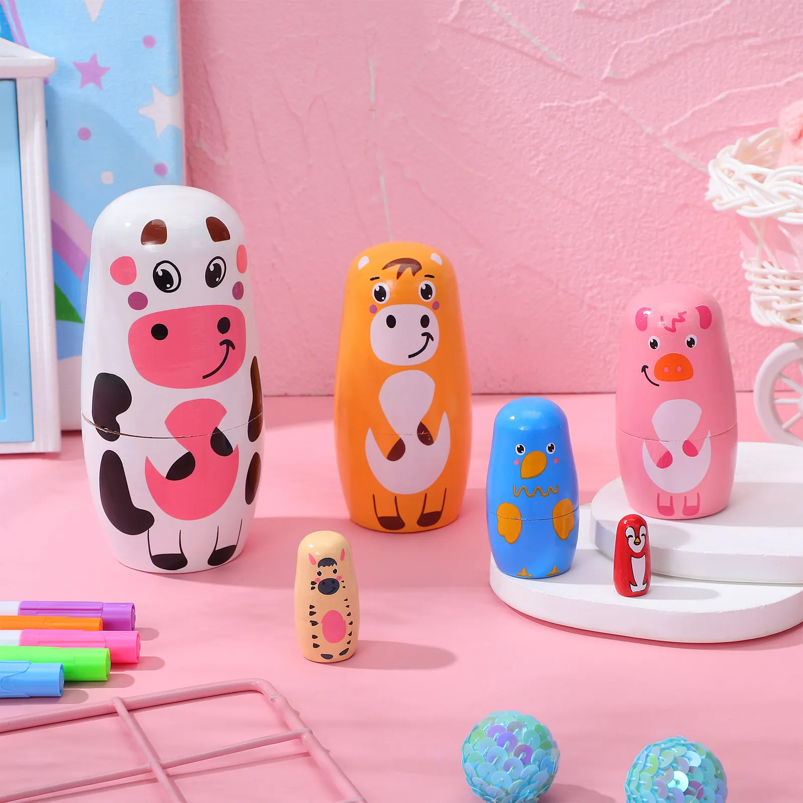 

1Set Russian Style Animal Pattern Wooden Nesting Matryoshka Stacking Crafts Home Decor Educational Brain Development Kids Gift