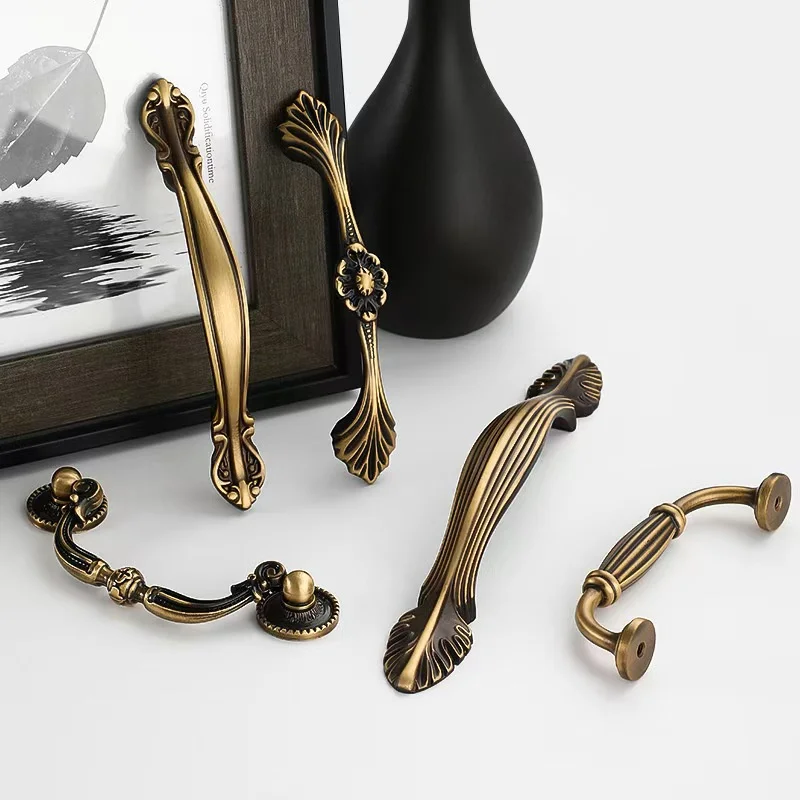 American French Retro Furnitue Handle Drawer Door Knob Solid Brass Wardrobe Cupboard Cabinet Door Handles Hardware Pulls HomeDiy