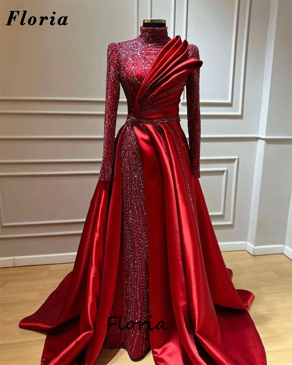 

Middle East Long Sleeves Beading Evening Dresses Robes De Soiree African Dubai Wine Red Prom Dress Wedding Party Gowns 2024