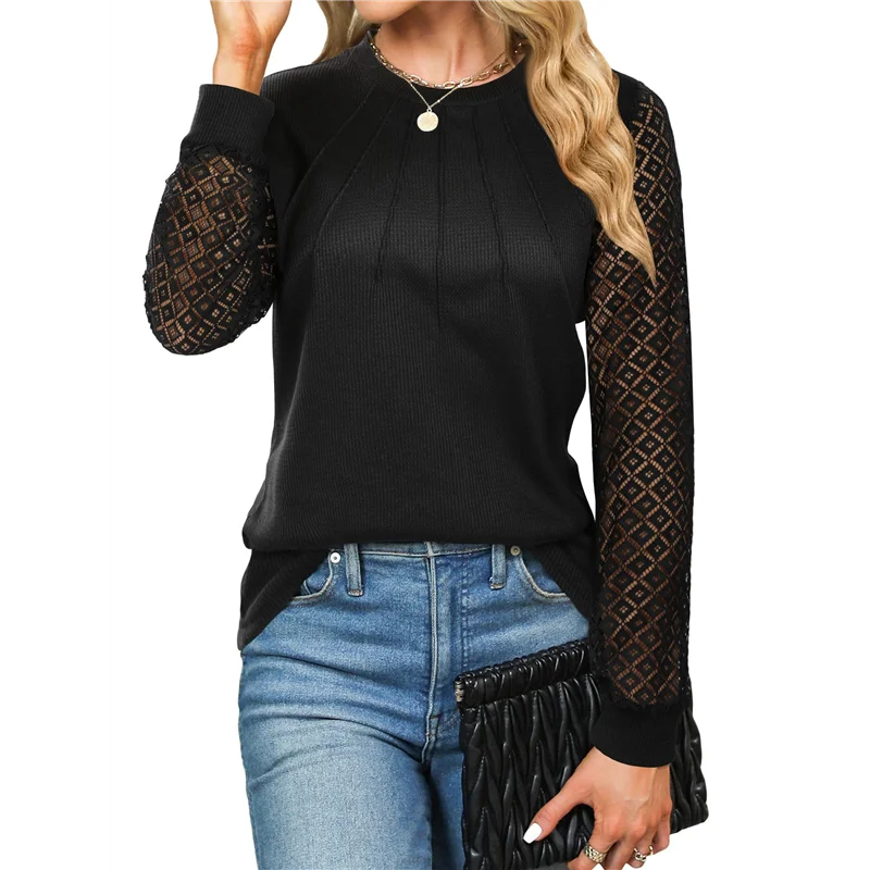 

ABP-Women's Waffle Knit Tops Dressy Business Casual Blouses Lace Long Sleeve Work Shirts Fall Clothes