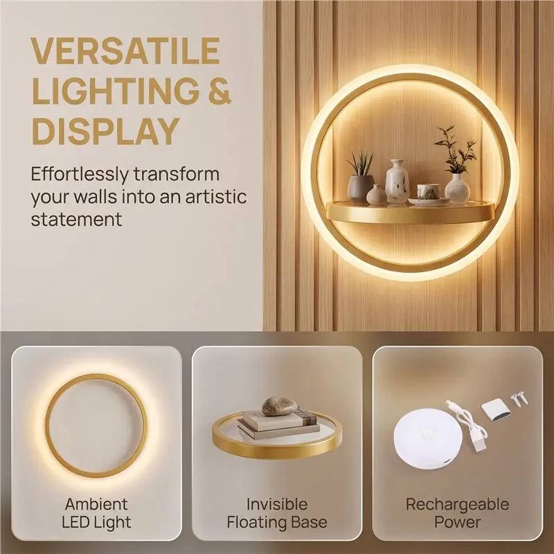A96K-Wall Mount Floating Display Rack With LED Lighting - Rechargeable Support Decor Shelf For Small Decorations And Greenery