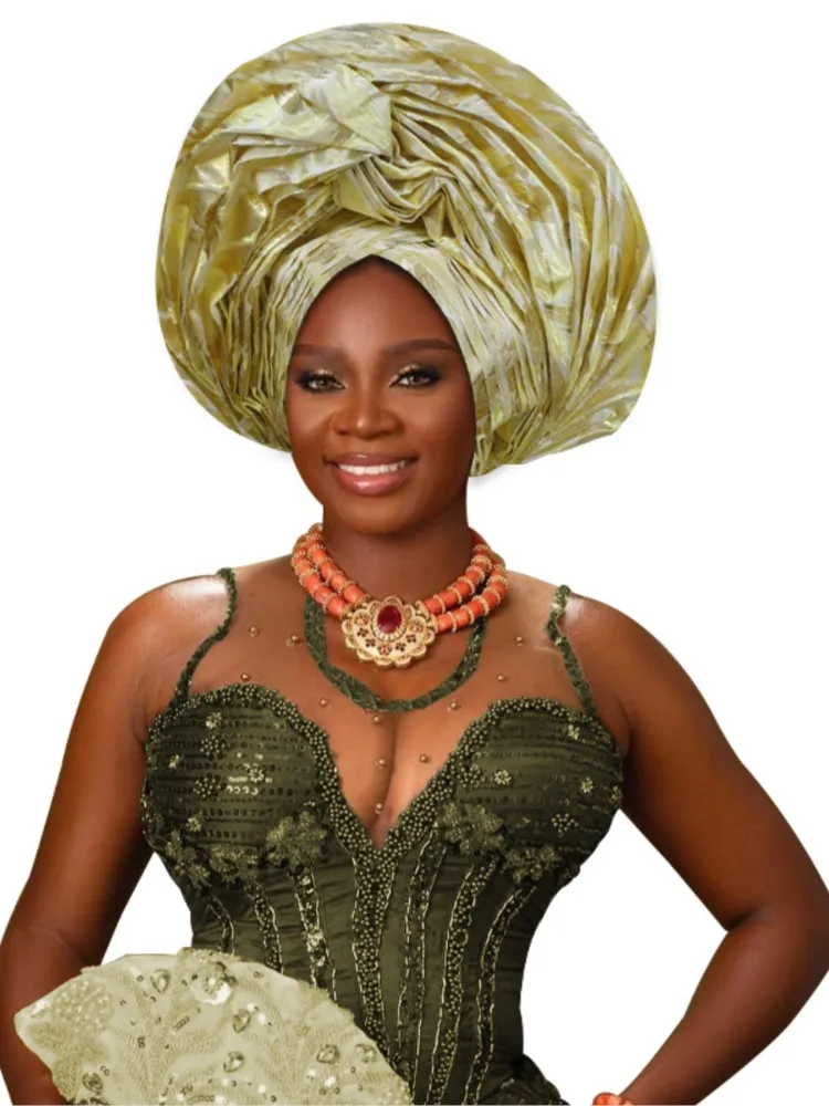 Bronzing African Headtie Braid Turban Caps for Women Nigeria Wedding Geles Party Headgear Headpiece Auto Gele Female Head Wraps