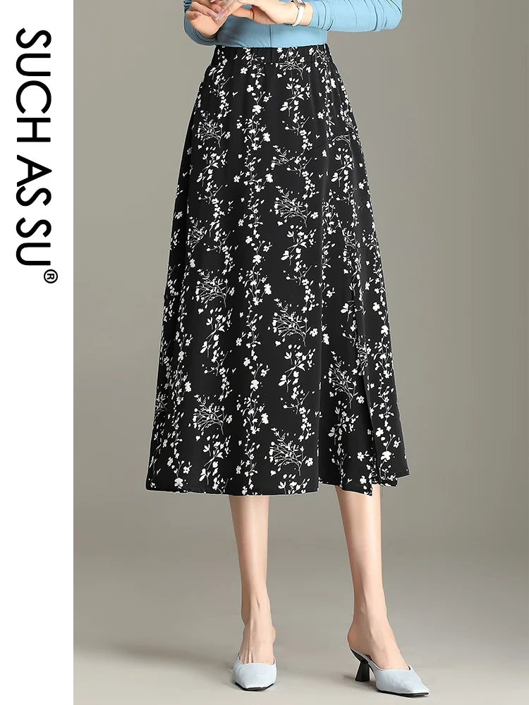 

SUCH AS SU New 2023 Spring Summer Women's Pleated Skirt Sexy Big Hem S M L XL XXL XXXL Size Mid-Long Female Black Print Skirt