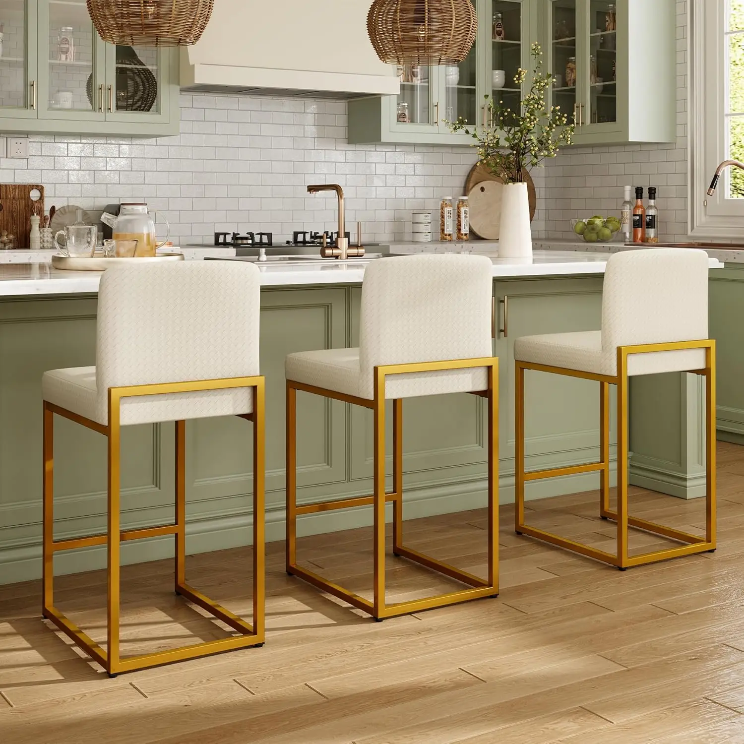 

Off White & Gold Bar Stools Set Of 3, Counter Height 24 Inch Barstools With Back, Modern Faux Leather Upholstered, Customized
