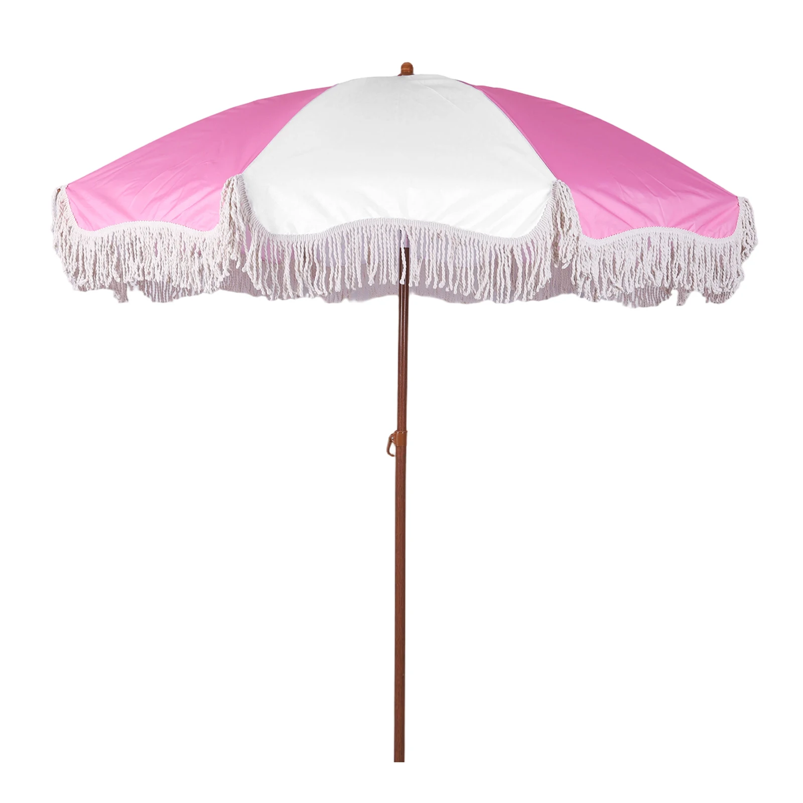

Boho Beach Umbrella with Fringe Adjustable Patio Umbrellas UV Protection Parasol for Garden Table Pool (White Pink)