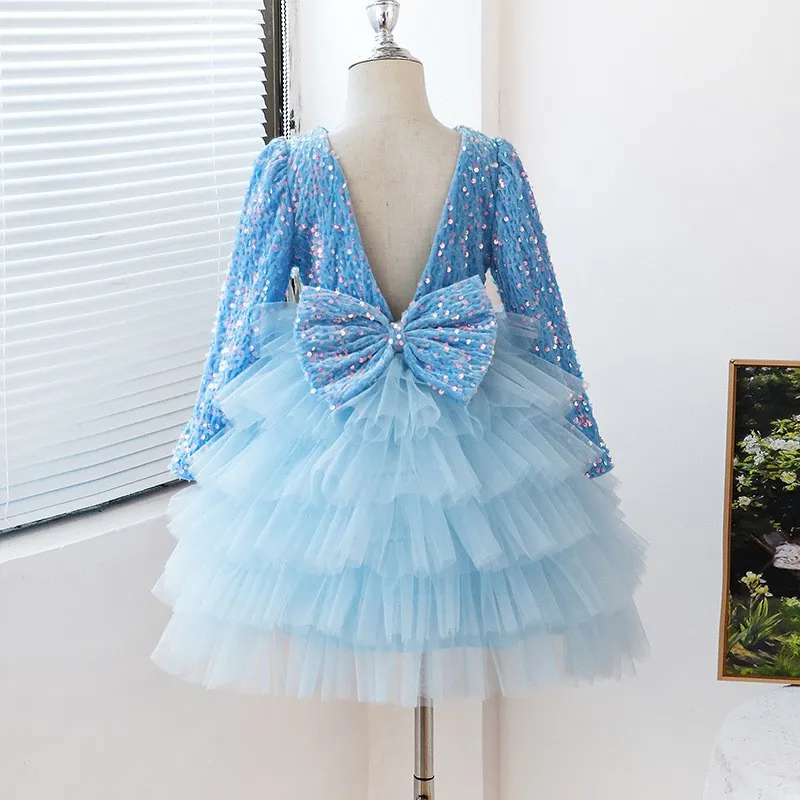 Fashion Baby Girl Princess Sequins Layered Dress Long Sleeve Infant Toddler Child Vestido Birthday Xmas Party Baby Clothes 1-7Y