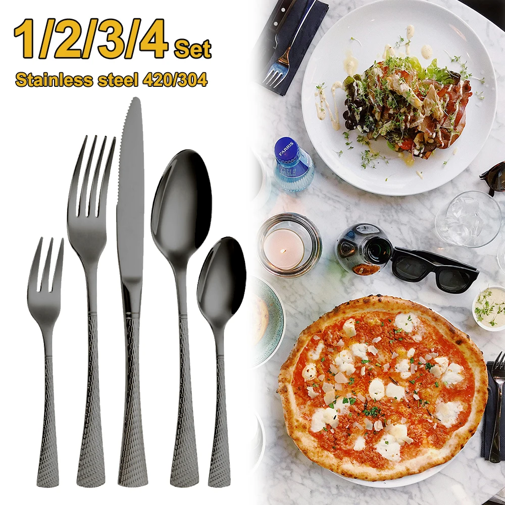 

12/15/16/20Pcs Black Cutlery Set Stainless Steel 304 Tableware Snake Skin Pattern Handle Dinner Set Elegant Western Knife Fork