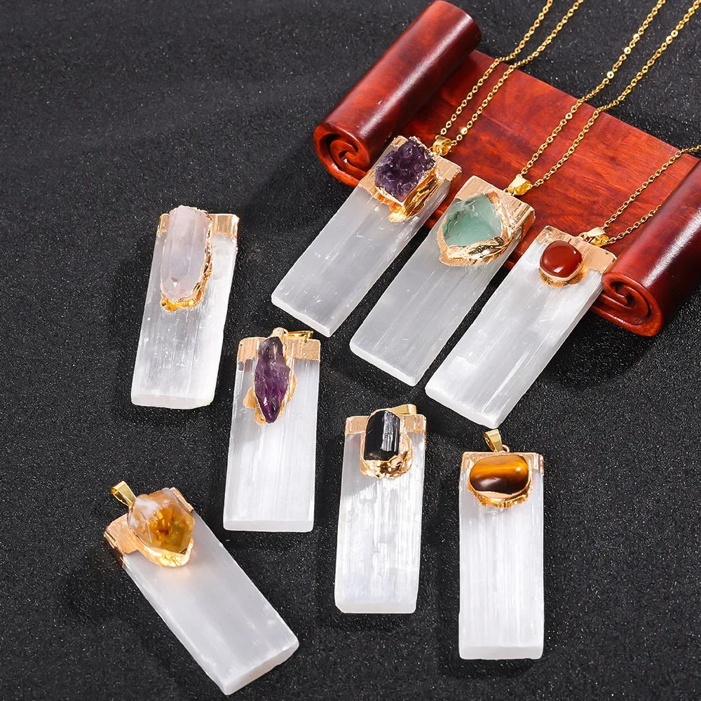 Natural Raw Selenite Pendant Amethyst Citrine Inlaid Flat Rectangle Shape Healing Crystals Amulet Charm with Golden Cap Necklace