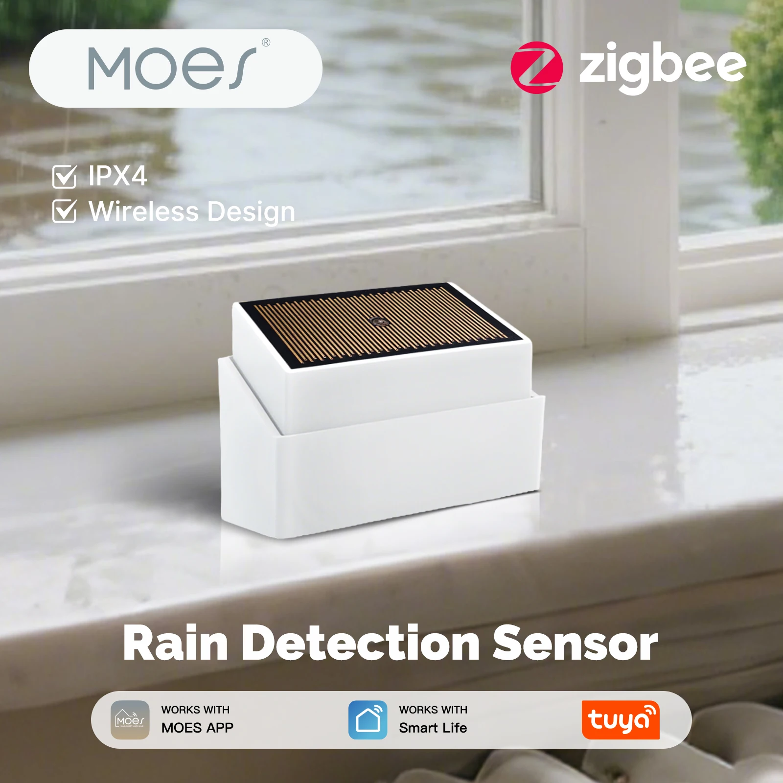 

MOES Tuya ZigBee Smart Rain Detection Sensor Water Leakage Flood Detector Wireless IPX4 Waterproof Outdoor Use Battery Powered