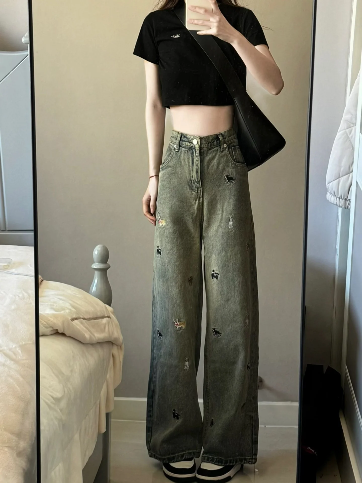 

Прямые джинсы с вышивкой собаки в стиле ретро, женские свободные широкие брюки длиной до пола, осенние большие размеры для похудения