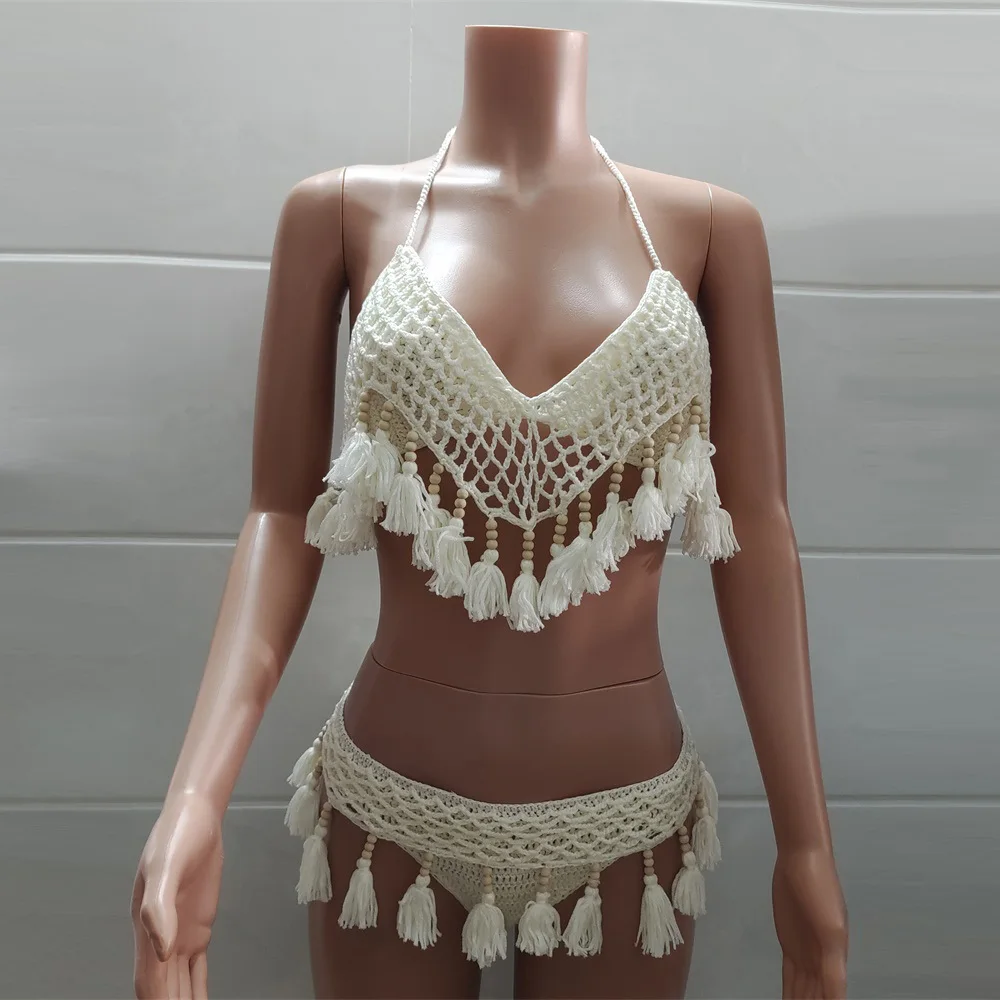 High Waist Bikini Tassel Hem Swimwear Women 2021 Solid Sexy Bikini Set Retro Knit Crochet Swimsuit Female Bathing Suit