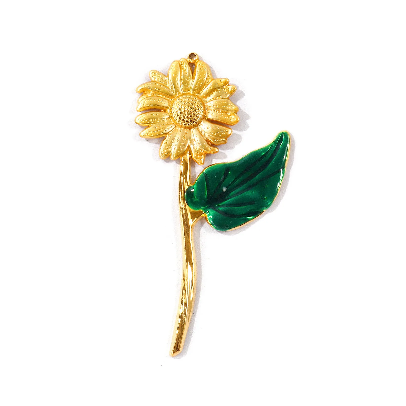 1 Stück Emaille-Gänseblümchen-Stiel-Anhänger aus 304 Edelstahl, 18K vergoldet, grünes Blatt, DIY-Halskette, Schmuckherstellung, Großhandel – Detail 2