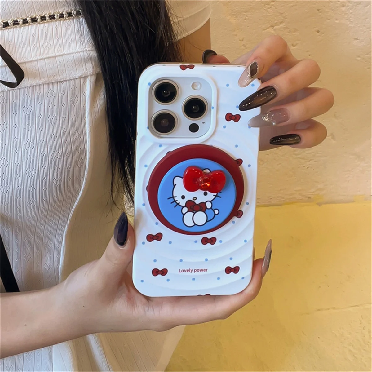 

Fashion Cute Bowknot Hello Kitty Magnetic Phone Case For iPhone 16 Pro 15 14 Pro Max Back Cover with Stand Shockproof Cases