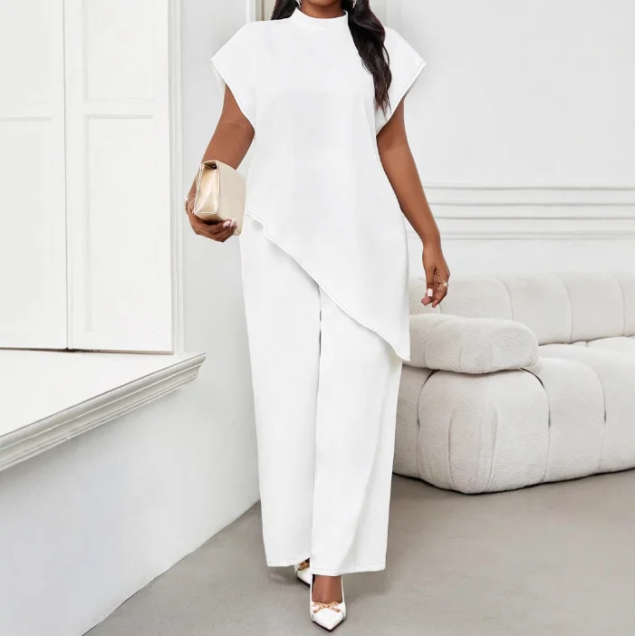 

2 Piece Sets Womens Outfits Asymmetric Short Sleeved Top Straight Leg Pants Set Summer New Fashion 2025 Casual Womens Clothing