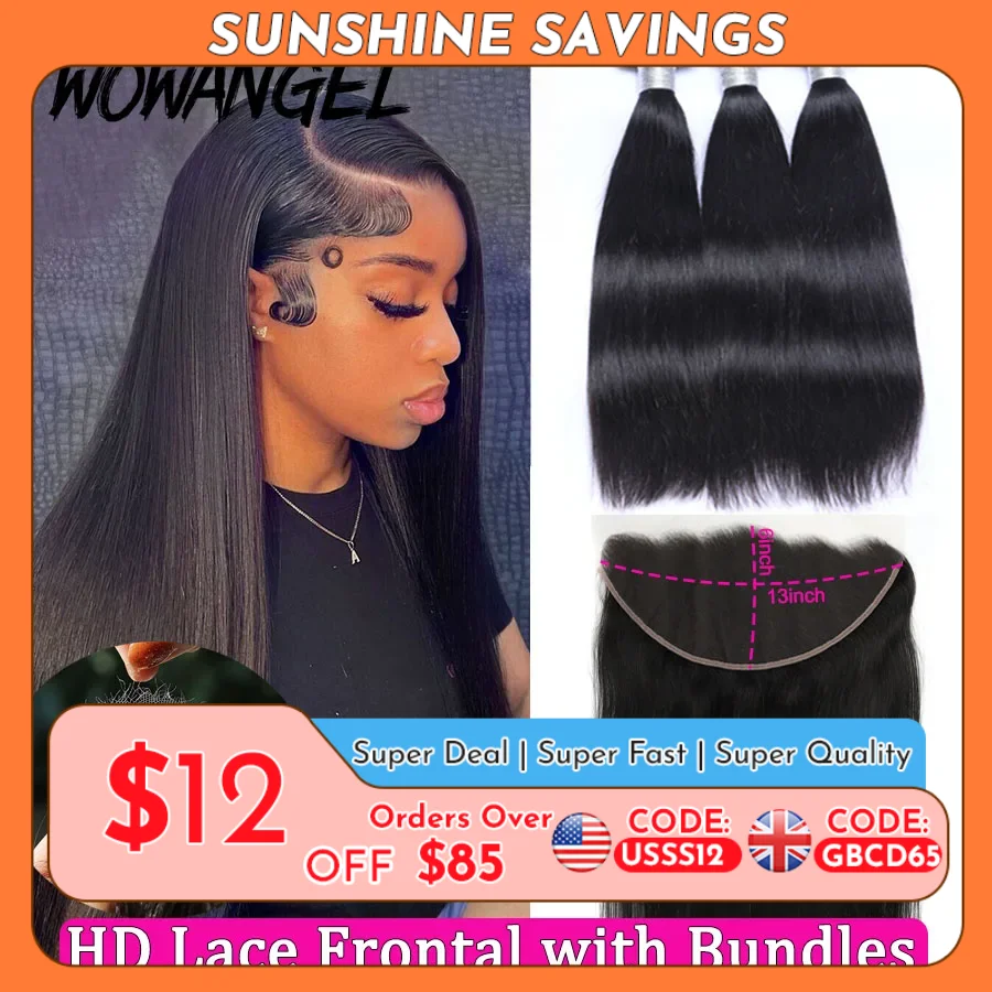 Wowangel 13x6 HD Lace Frontal with Bundles Human Hair 5x5 HD Lace Closure Melt Skins Brazilian Straight Hair Extension for Women