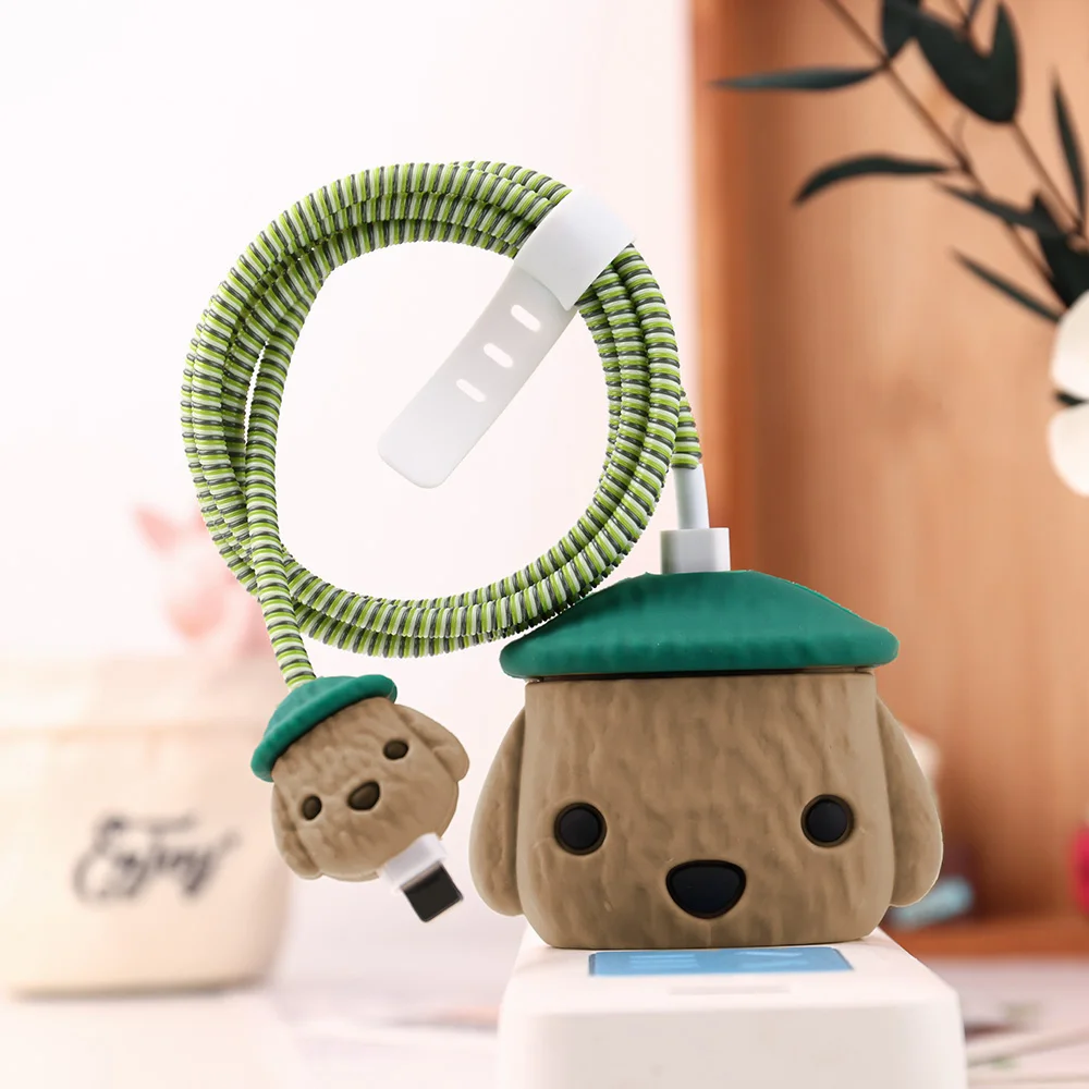 

Protector for iPhone 18W/20W Charger Case Cute 3D Brown Puppy Cartoon Cable Management Phone Wire Cord Organizer New