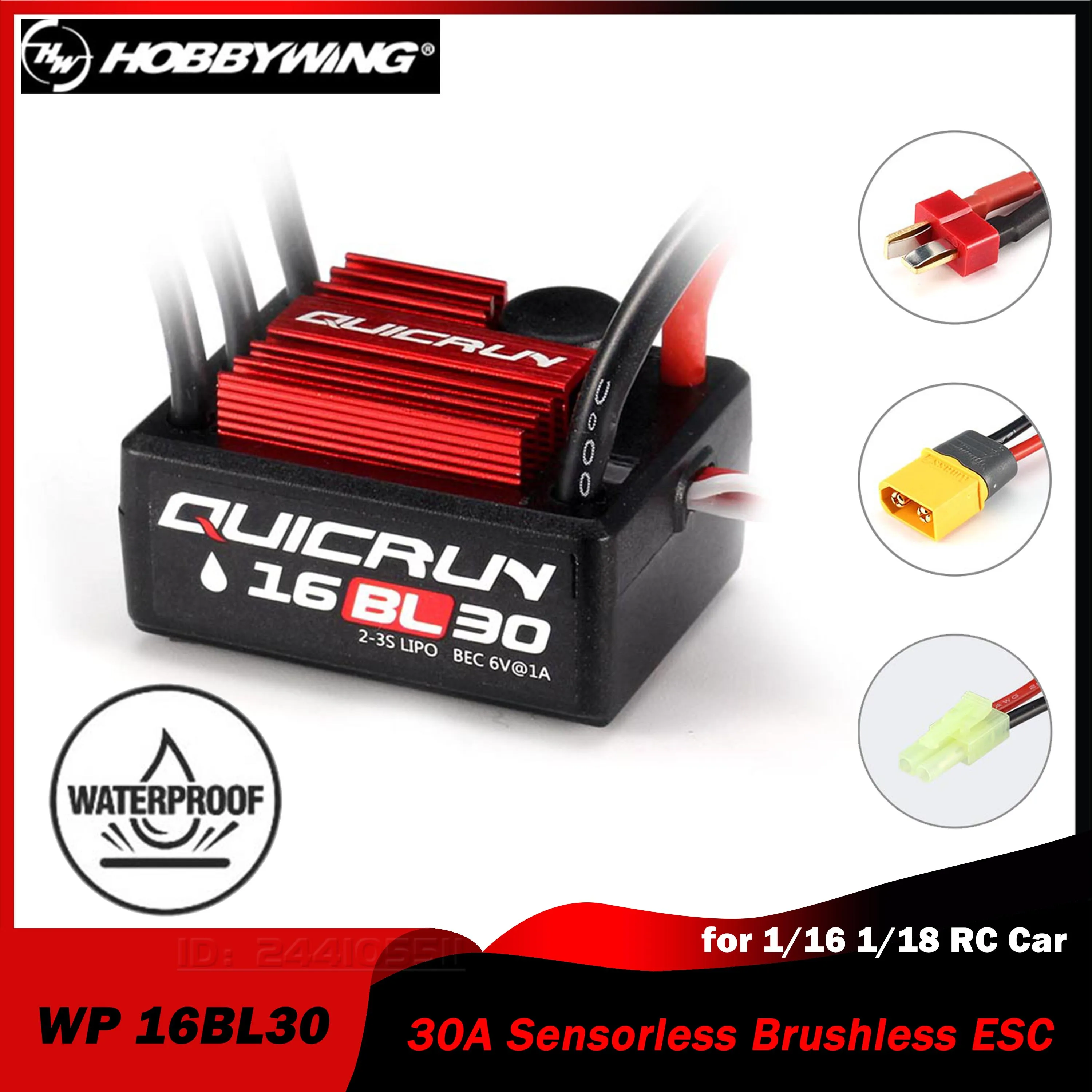 HOBBYWING QuicRun WP 16BL30 30A Waterproof Brushless Sensorless ESC T/XT60/Tamiya for 1/16 1/18 Touring Car Buggy Truck Monster