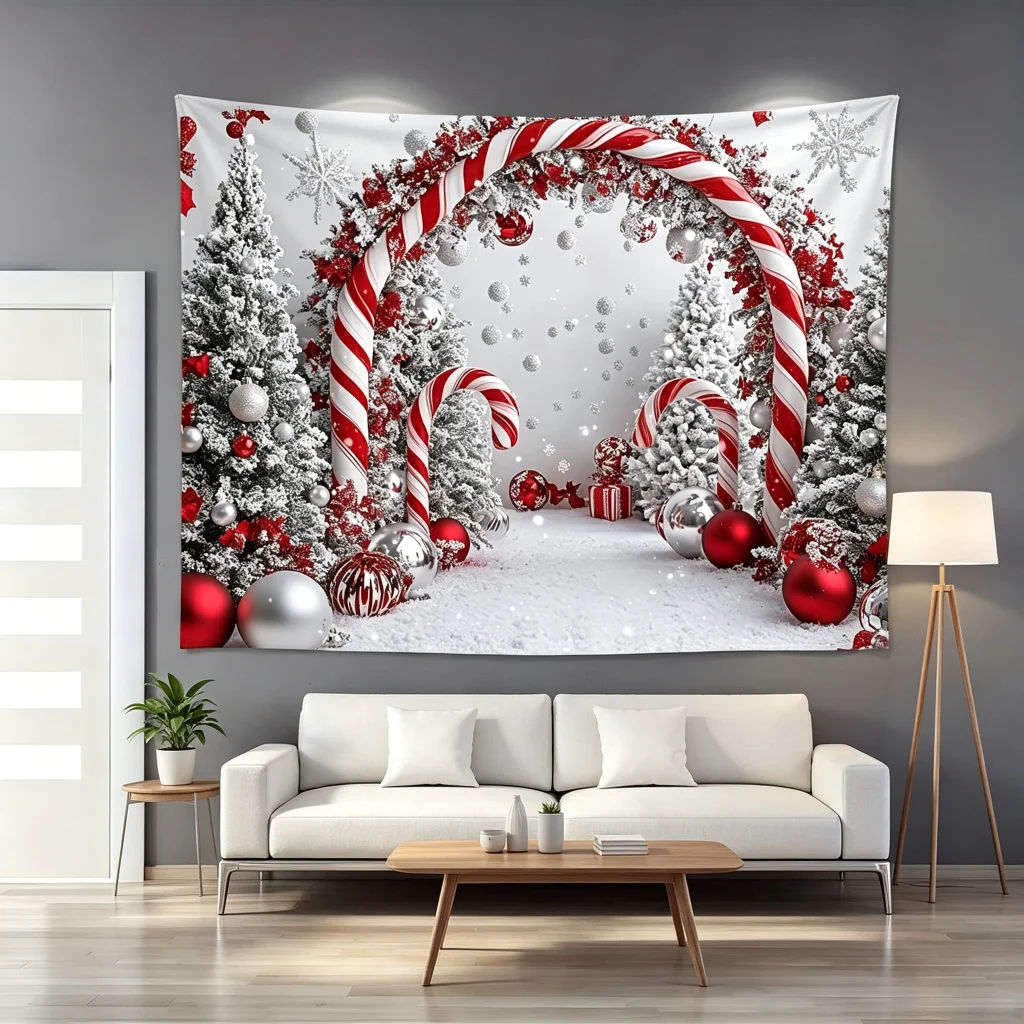 1PC Christmas Christmas Tree Candy Cane Snowflake Print Backdrop Banner, Bedroom Living Room Kitchen Photo Background, Wall Art