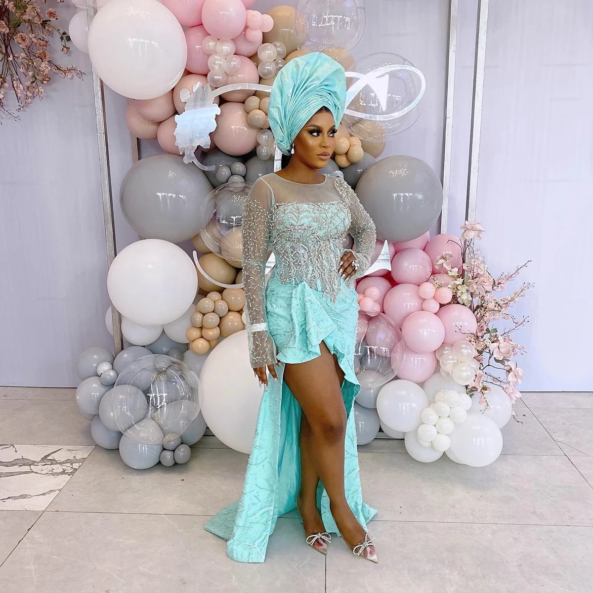 African Women's Illusion Long Sleeves Beads Sequin Evening Dress High Low Prom Dresses Scoop Neck 2025