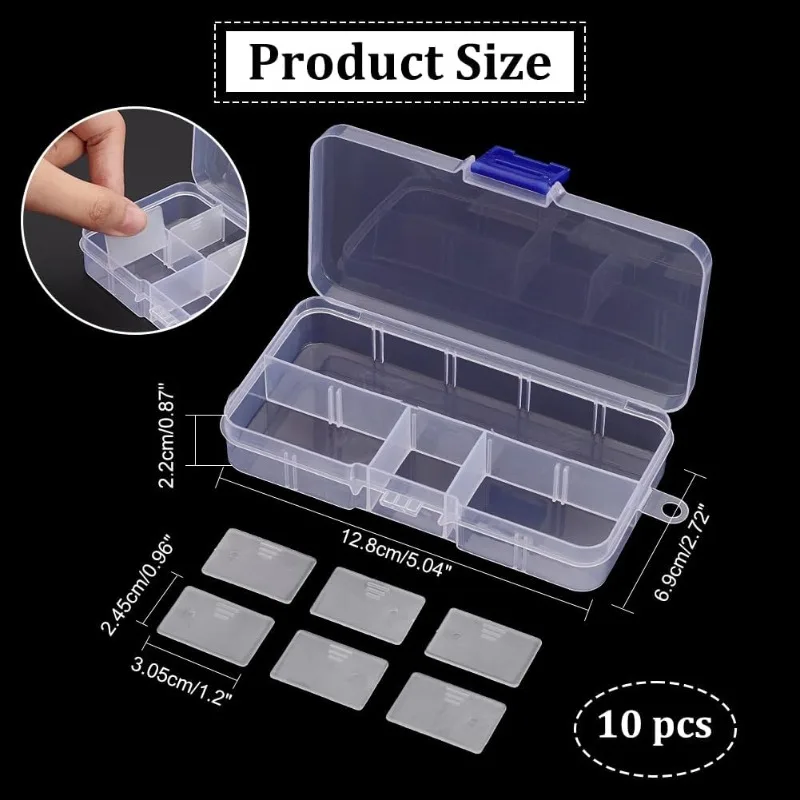 10 Pcs 10 Grids Plastic Organizer Box Clear Plastic Jewelry Dividers Box Organizer Mini Tackle Boxes for Beads Small Items