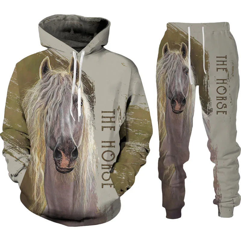 Outono inverno 3d cavalo impresso masculino com capuz conjunto de roupas esportivas masculinas de manga longa terno