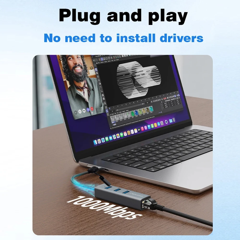 4 في 1 ​ محول USB-C أو USB-A إلى جيجابت إيثرنت مع 3 منافذ USB 3.0 Hub 5Gbps نقل البيانات التوصيل والتشغيل لأجهزة الكمبيوتر المحمول Macbook