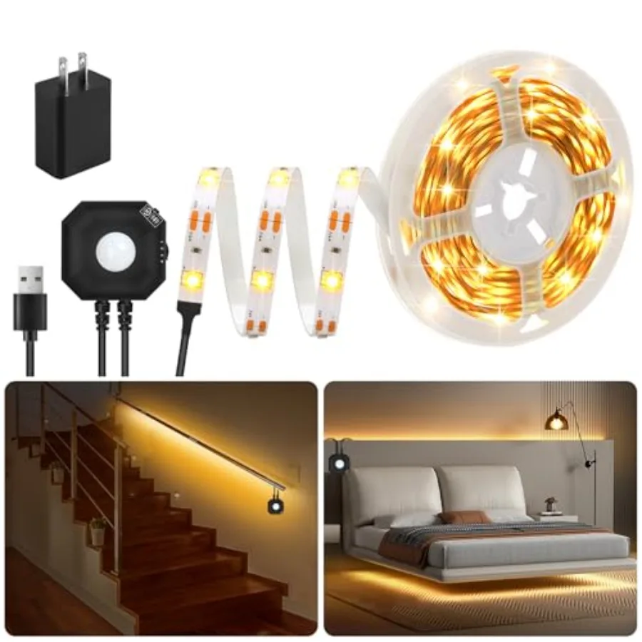 Motion Sensor Under Bed Lights, 9.8Ft Warm White LED Strip Lights Motion Activated Bed Light, USB Powered Motion Sensor LED Str