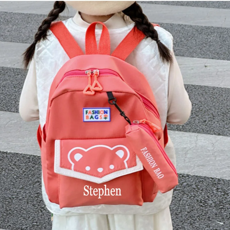 Mochila de jardín de infantes con nombre personalizado, Linda niña, bolsa de viaje, Niño de escuela primaria, mochila de ocio, estuche de lápices, colgante