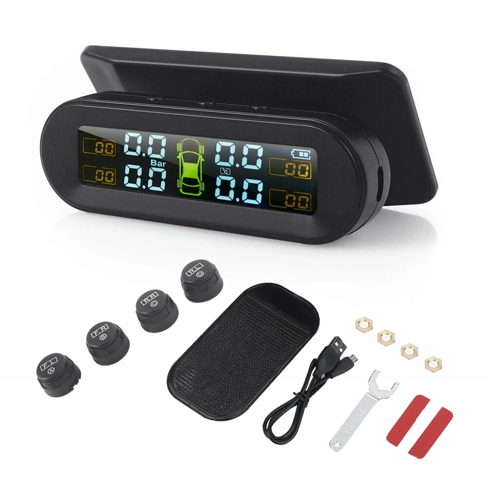 

Precision Solar Wireless USB TPMS Car Tire Pressure Monitor System HD LCD Display 4 External Sensor Tire Pressure Temperature Wa