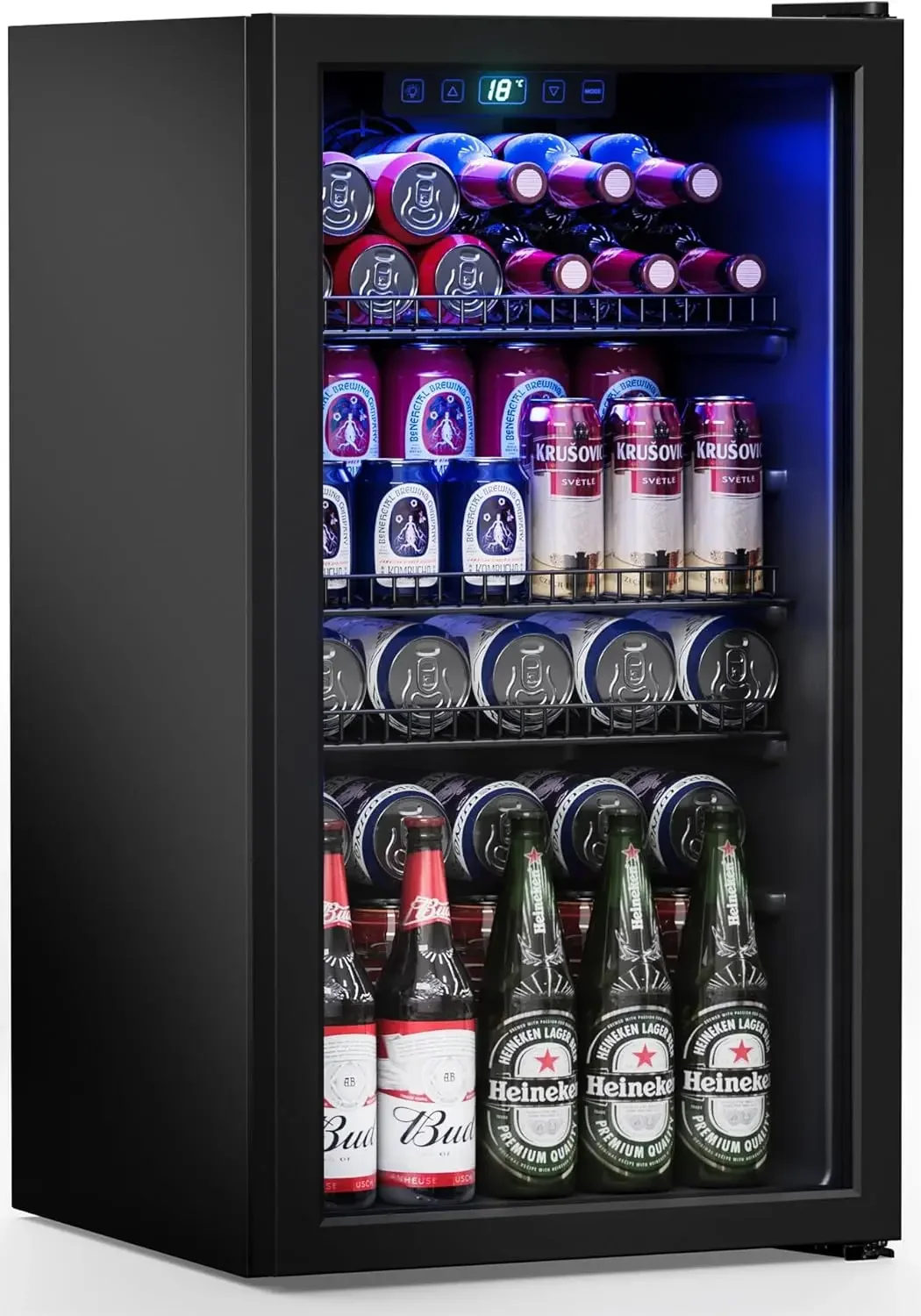 Refrigerator Cooler-120 Cans Freestanding Mini Fridge Cooler with Glass Door, Adjustable Shelves & Digital Temperature Display f