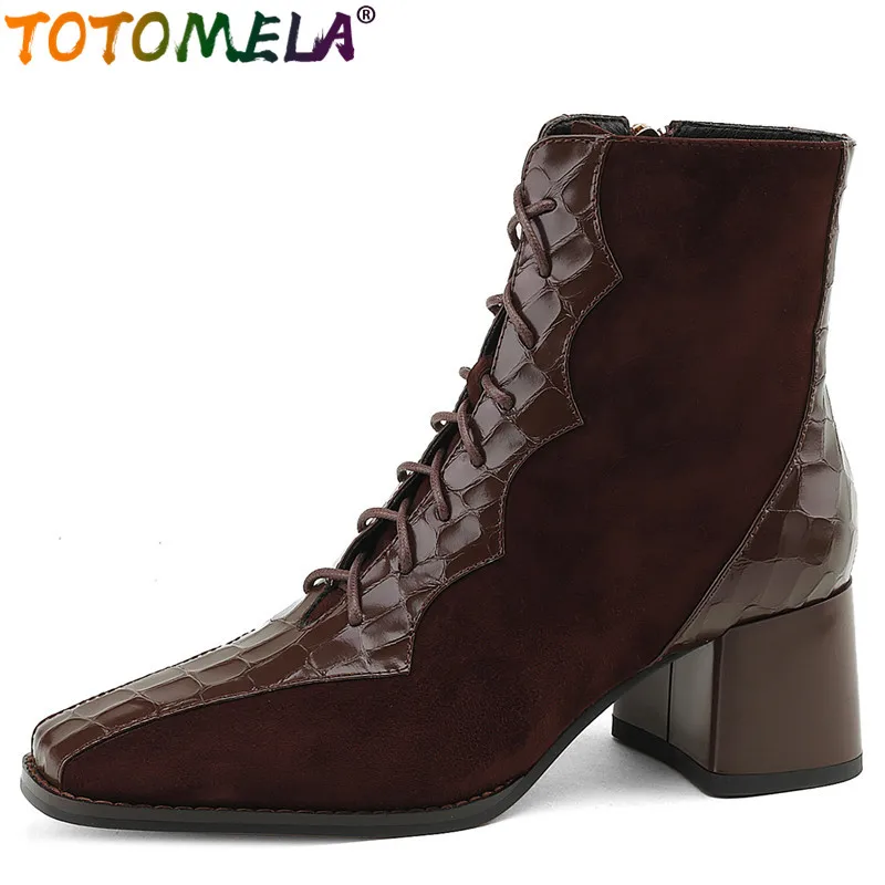 

TOTOMELA 2024 New Square Toe Female Zipper Ankle Boots Square High Heels Shoes Narrow Band Genuine Leather Winter Boots