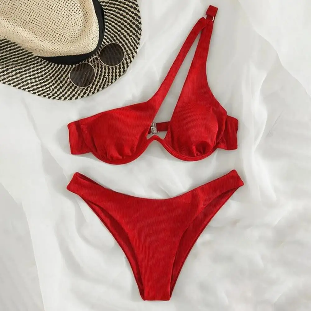 Conjunto de traje de baño de dos piezas para mujer, Bikini elegante de un hombro con cintura alta, ropa de baño de realce Con aros, Color sólido