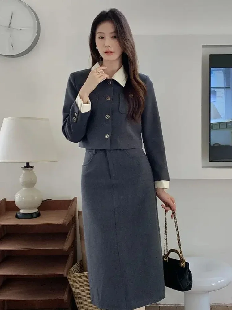 Insozkdg Autumn New Elegant Socialite High-Class Contrast Collar Jacket + High-Waisted Slimming Skirt Two-Piece Set High Quality