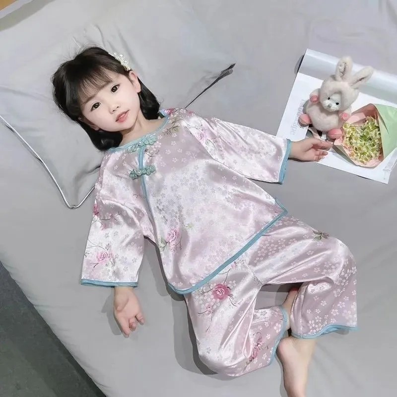 Chinese Style Three-quarter Sleeve Sleepwear For Children Soft Summer Style Sleepwear For Girls Antique Home Clothes Set ZJ12